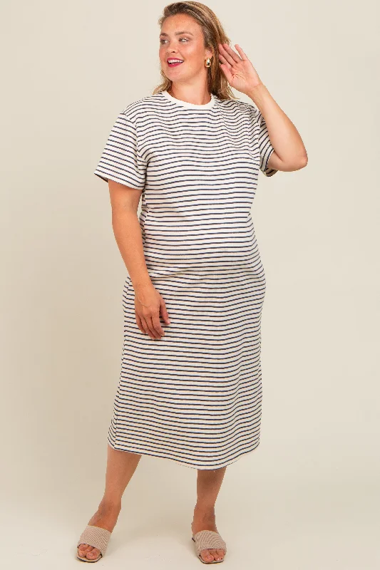 Navy Striped Short Sleeve Maternity Plus T-Shirt Midi Dress Basic T-Shirt Crew Neck Short Sleeve