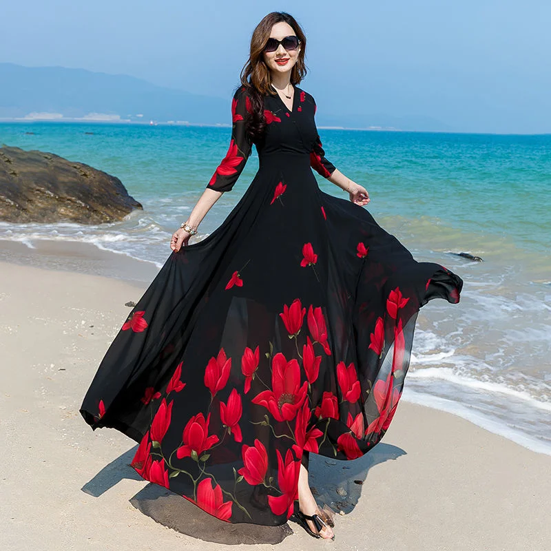 2023 Spring Summer Floral Chiffon Vintage Midi Dress Plus Size Boho Beach Maxi Dresses Women Bodycon Party Casual Black Vestidos Elegant Tiered Maxi Dress 2023 Spring Summer Floral Chiffon Vintage Midi Dress Plus Size Boho Beach Maxi Dresses Women Bodycon Party Casual Black Vestidos Elegant Tiered Maxi Dress