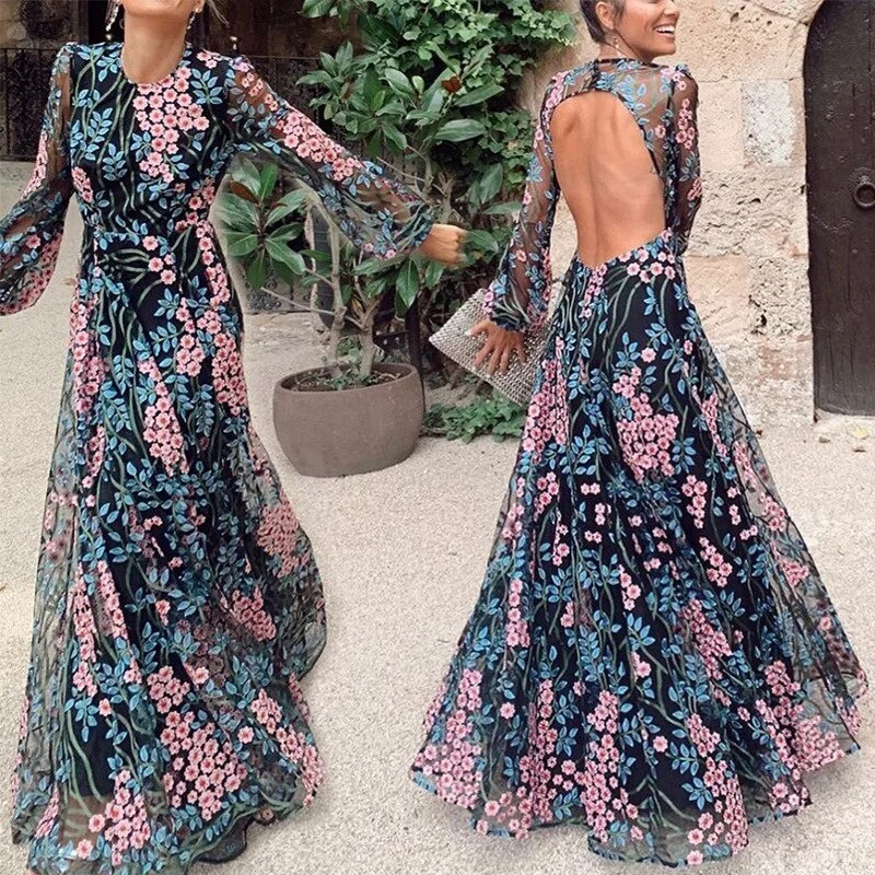 2023 Women Sexy Print Slim Backless Maxi Dress Lady Casual Holiday Summer Dresses Comfortable Long-Sleeve Maxi Dress 2023 Women Sexy Print Slim Backless Maxi Dress Lady Casual Holiday Summer Dresses Comfortable Long-Sleeve Maxi Dress
