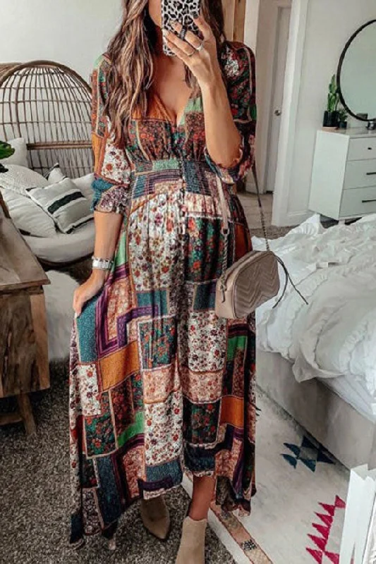 A-Line V-Neck Print Maxi Dress Classic Black Maxi Dress
