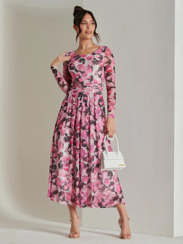 Abstract Print Mesh Long Sleeve Maxi Dress, Pink Multi Stylish Maxi Dress with Frills Abstract Print Mesh Long Sleeve Maxi Dress, Pink Multi Stylish Maxi Dress with Frills