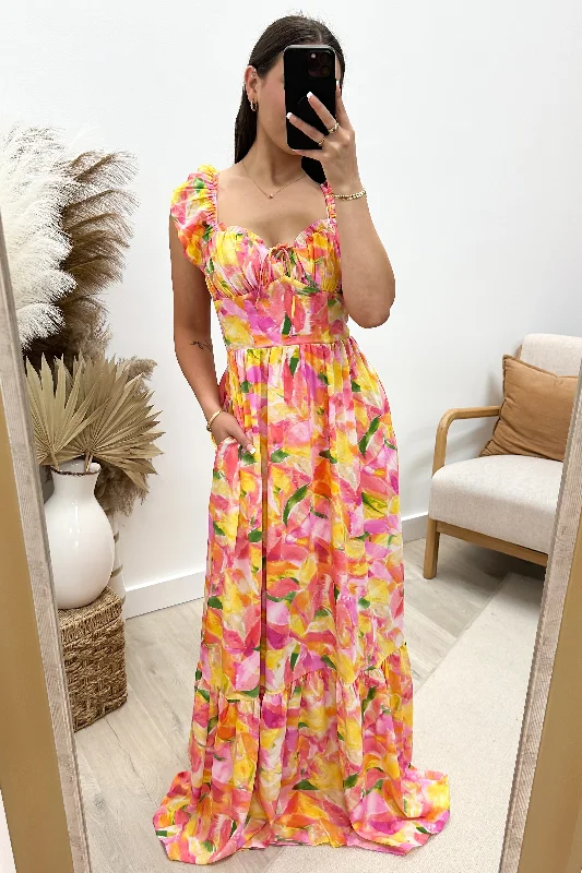 "Almost Second Nature" Maxi Dress (Pink Multi) Comfortable Maxi Dress with Sleeves