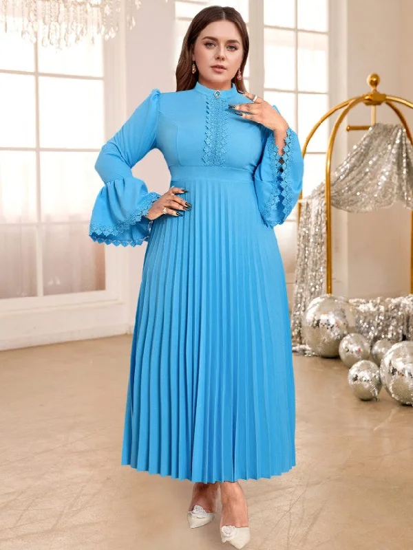 AOMEIDRESS Blue Pleated Maxi Dress Stand Collar Long Flare Sleeves Stylish Empire Waist Maxi Dress