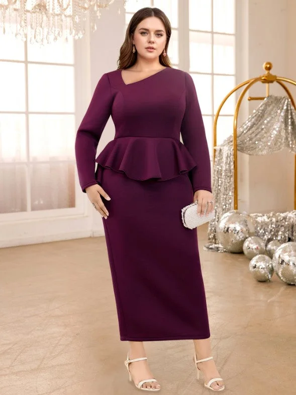 AOMEIDRESS Purple maxi Dress Asymmetrical Neck Long Sleeve Peplum Stylish Off-Shoulder Maxi Dress