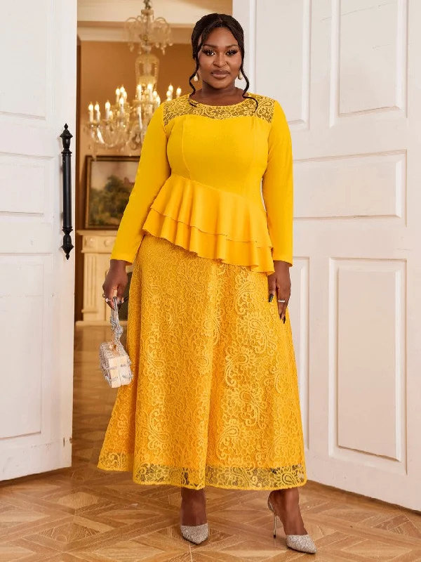 AOMEIDRESS Yellow A Line Maxi Dress O Neck Lace Patchwork Long Sleeve Cozy Ribbed Maxi Dress