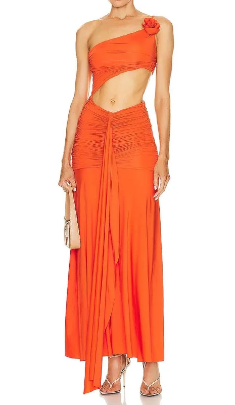 ASYMMETRIC RUCHED JERSEY MAXI DRESS IN ORANGE Trendy Maxi Dress with Belt