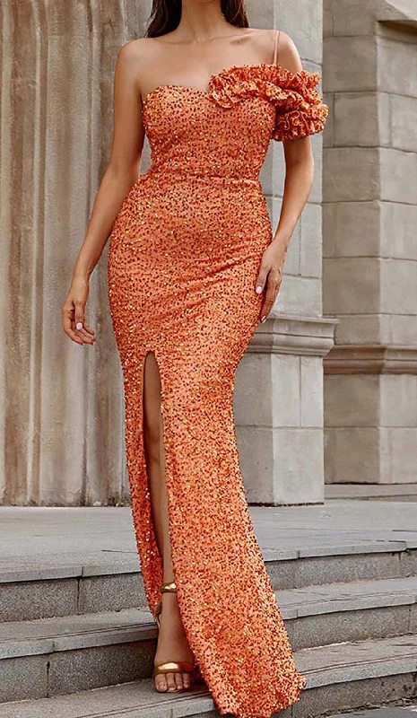ASYMMETRIC SEQUIN MAXI DRESS IN ORANGE Comfortable Bohemian Maxi Dress
