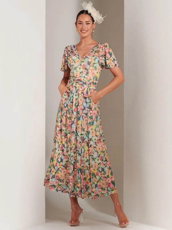 Bianca V-Neck Pleated Mesh Maxi Dress, Yellow Floral Cozy Maxi Dress with Slit
