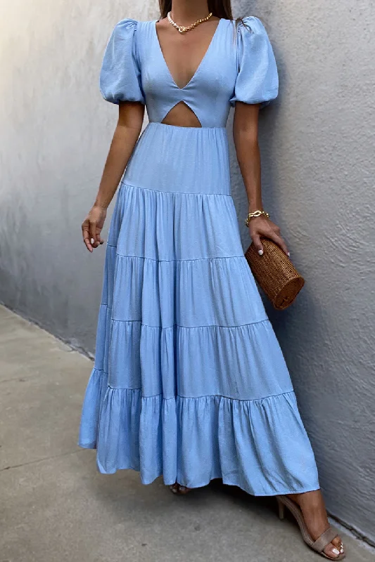 Blue Cut Out Backless A-Line Maxi Dress Comfortable Ruffle Maxi Dress