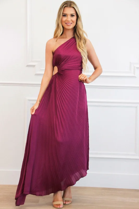 Braylin One Shoulder Pleated Asymmetrical Maxi Dress: Plum Chic Summer Maxi Dress