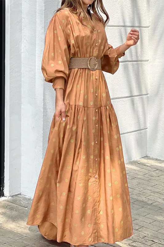 Button Puff Sleeve Maxi Dress Casual Maxi Dress with Pockets