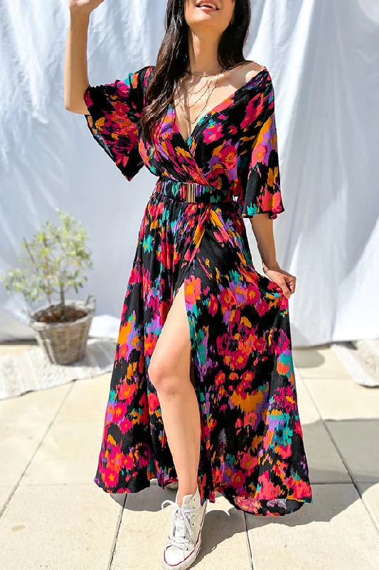Capture Your Attention Printed Belt Maxi Dress Comfortable Maxi Dress with Slits