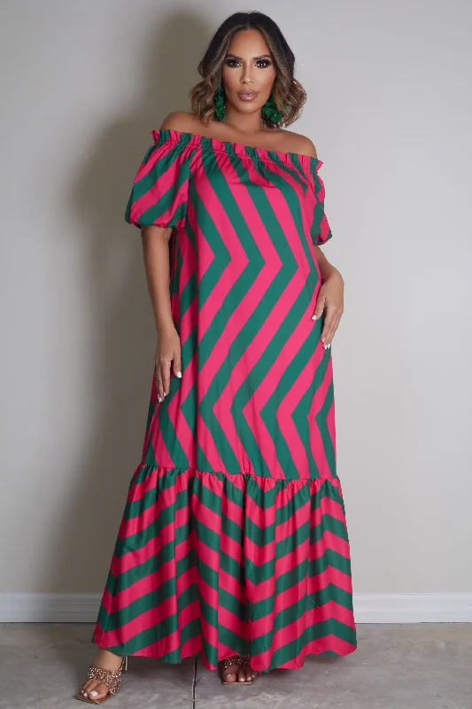 Izabella Off Shoulder Striped Maxi Dress Comfortable Fit-and-Flare Maxi Dress