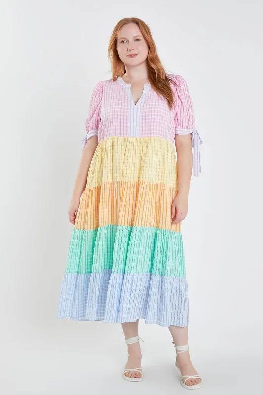 Colorblock Bow Tie Sleeve Maxi Dress Trendy Ruffled Maxi Dress
