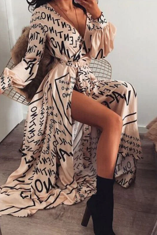 Sexy Print Long Sleeve Wrap Maxi Dress Classic V-Neck Maxi Dress