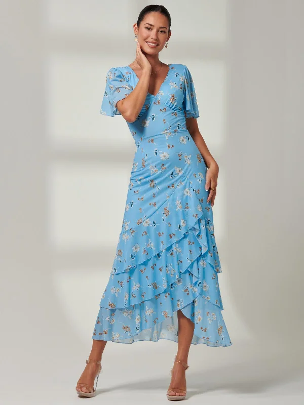 Daleysa Frill Hem Mesh Maxi Dress, Blue Floral Chic Summer Floral Maxi Dress