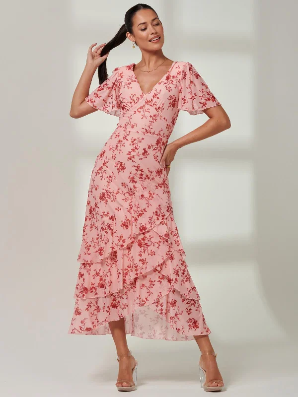 Daleysa Frill Hem Mesh Maxi Dress, Coral Pink Classic V-Neck Maxi Dress