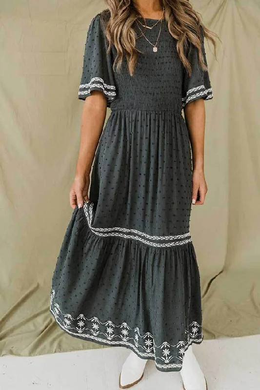 Dot Flares Sleeve Smocked Maxi Dress Stylish Maxi Dress with Pleats