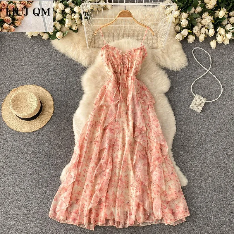 Elegant Chiffon Print Dress Women Retro Sexy Sweet Chic Spaghetti Strap Lace-up Corset Dress Boho Holiday Maxi Dress Summer 2023 Comfortable Maxi Dress with Belt