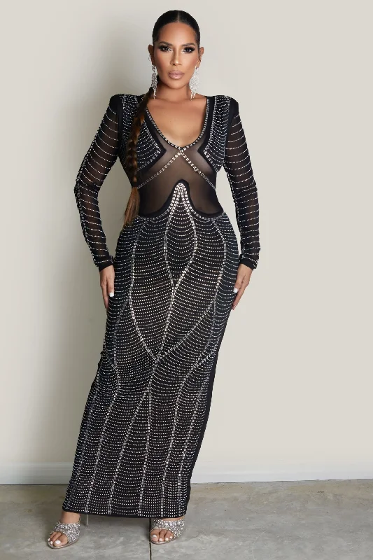 Elegant Rhinestone Detailed Maxi Dress Comfortable Pleated Maxi Dress