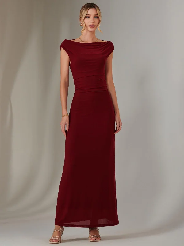 Eva Round Neck Sleeveless Maxi Dress, Burgundy Trendy Short Sleeve Maxi Dress