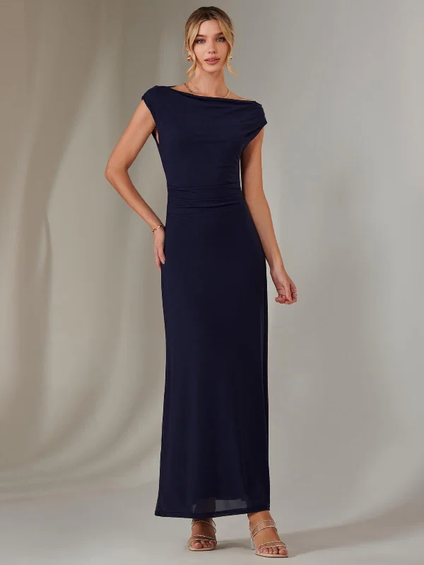 Eva Round Neck Sleeveless Maxi Dress, Navy Cozy Cold-Shoulder Maxi Dress