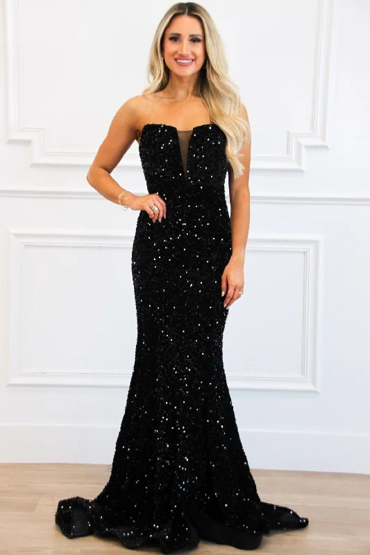 Evermore Strapless Sequin Maxi Dress: Black Fashionable Chiffon Tiered Maxi Dress