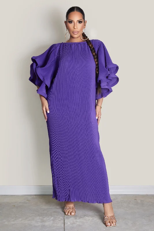 Exaggerated Ruffled Sleeves Pleated Maxi Dress Elegant Tiered Maxi Dress