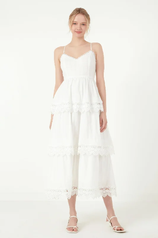 Floral Lace Tiered Trim Maxi Dress Elegant Lace-Up Maxi Dress