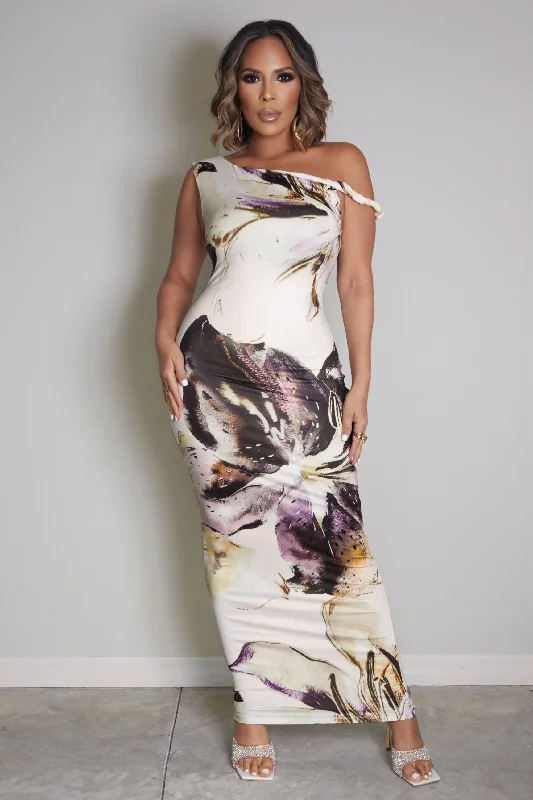 Lidia Asymmetrical Floral Print Maxi Dress Fashionable Halter Neck Maxi Dress