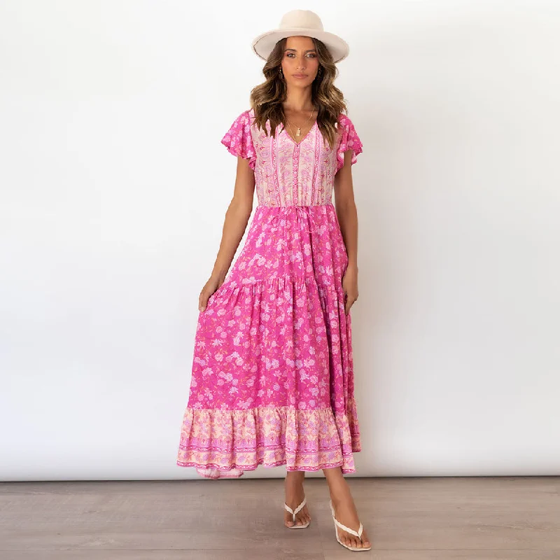 Floral Print Stitching Pleated Boho Dress High Waist Slim Lace Up Maxi Dress Women V Neck Petal Short Sleeve Summer Beach Dress Fashionable Off-Shoulder Maxi Dress