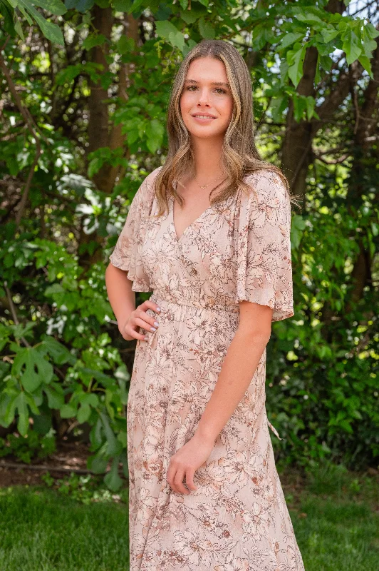 Flutter Sleeve V-Neck Maxi Dress W/ Tie Waist Casual Maxi Dress with Pockets