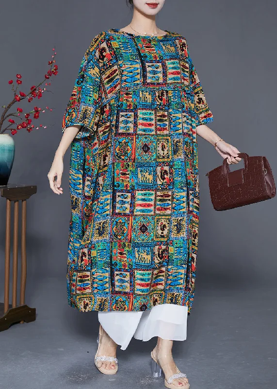 French Oversized Ruffled Abstract Print Cotton Maxi Dress Summer Trendy Off-Shoulder Ruffle Maxi Dress