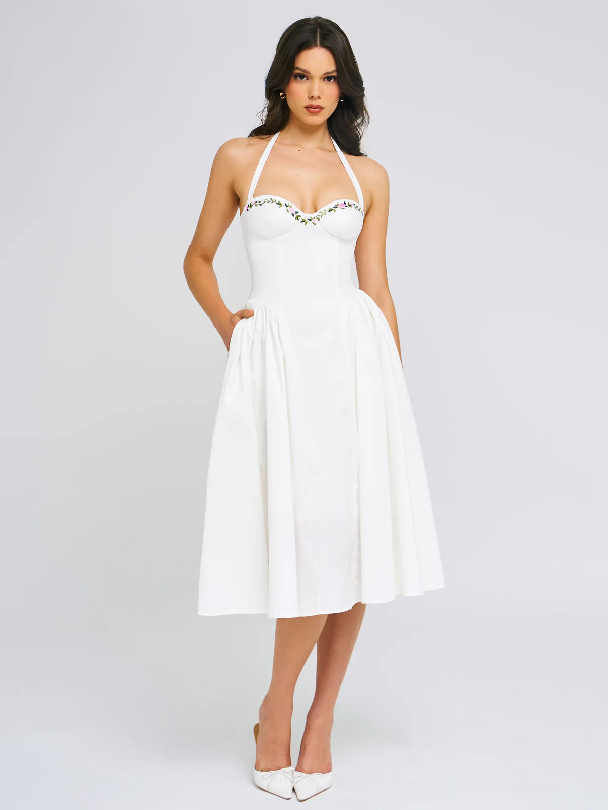 GIANNA WHITE EMBROIDERED HALTER MAXI DRESS Comfortable Ruffle Maxi Dress