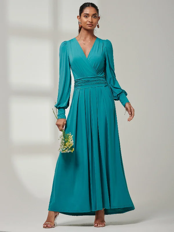 Giulia Long Sleeve Maxi Dress, Teal Fashionable Open-Back Maxi Dress