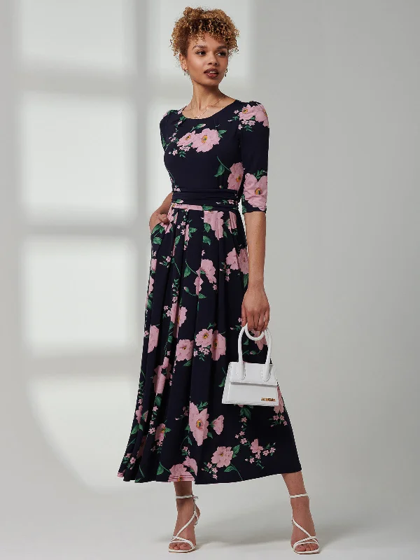 Goldie 3/4 Sleeve Jersey Maxi Dress, Navy Floral Comfortable Ruffle Maxi Dress