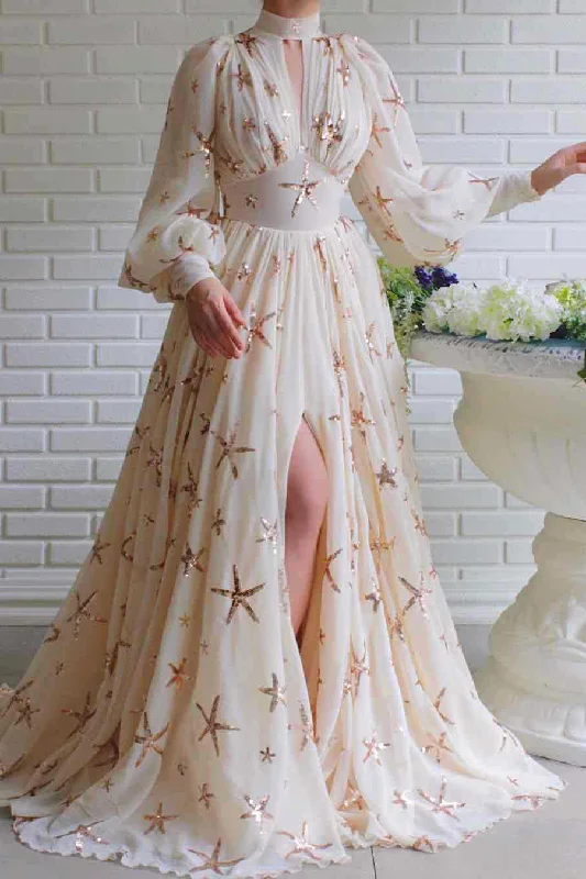 Gorgeous Long Sleeve A-Line Prom Gown Maxi Dress Cozy Maxi Dress with Slit