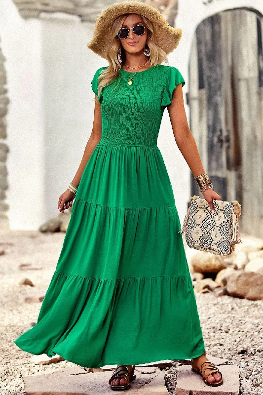 Green A-Line Cap Sleeves Maxi Dress Elegant Maxi Dress with Slit