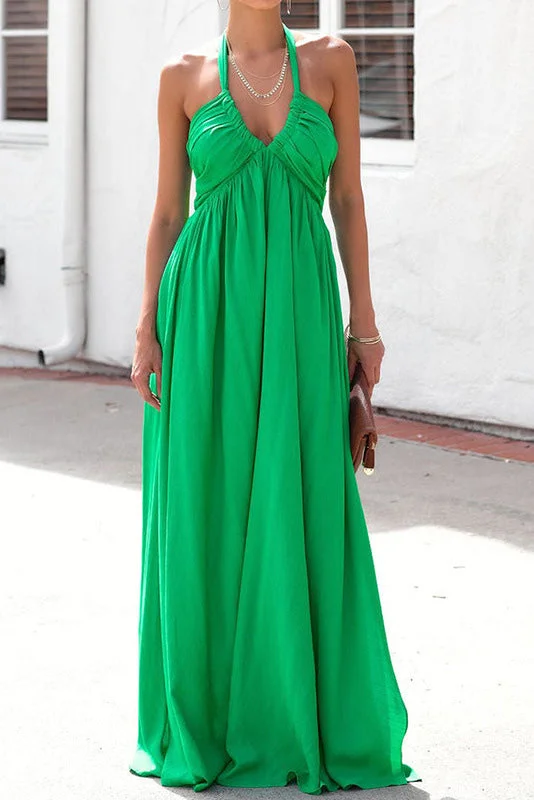 Green Halter A-Line Backless Maxi Dress Comfortable Casual Maxi Dress