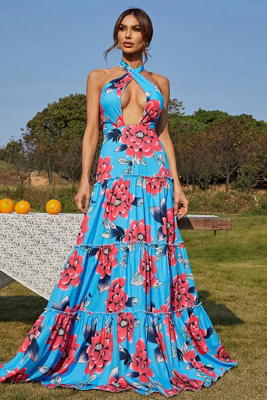 Halter A-Line Print Maxi Dresses Stylish Empire Waist Maxi Dress