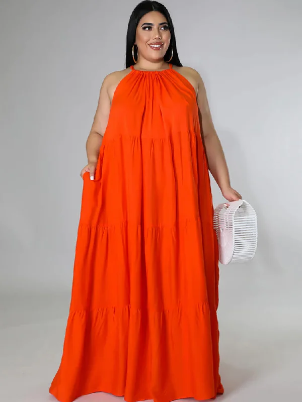 Halter Neck Sleeveless Lace Up Ruffle Swing Maxi Dress Elegant Maxi Dress with Belt