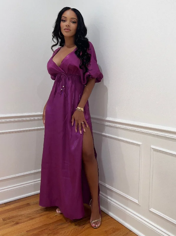 Hazel Slit Maxi Dress (Magenta) Elegant Velvet Maxi Dress