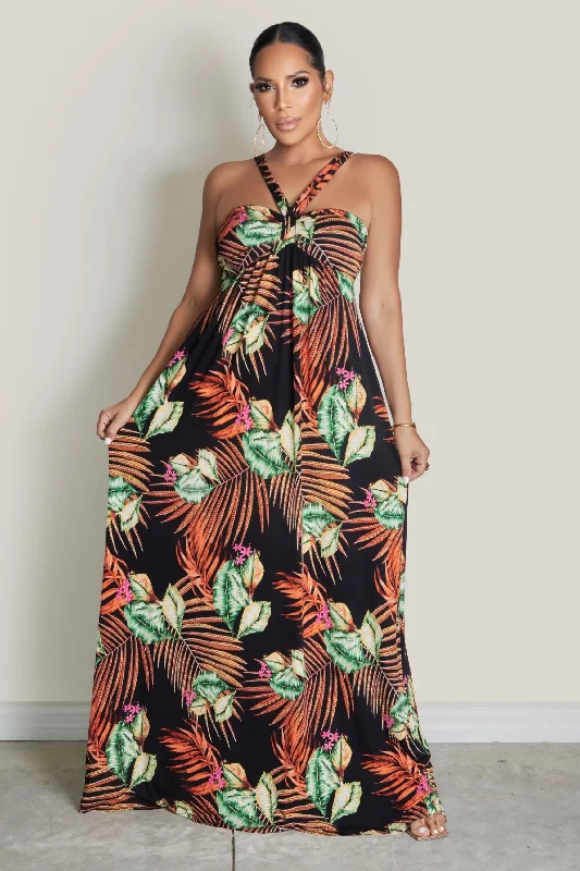 Island Vibes Tropical Print Maxi Dress Fashionable Off-Shoulder Maxi Dress
