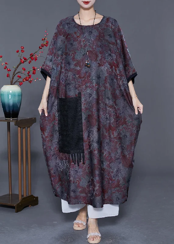 Italian Oversized Patchwork Tassel Silk Maxi Dresses Batwing Sleeve Classic A-Line Maxi Dress