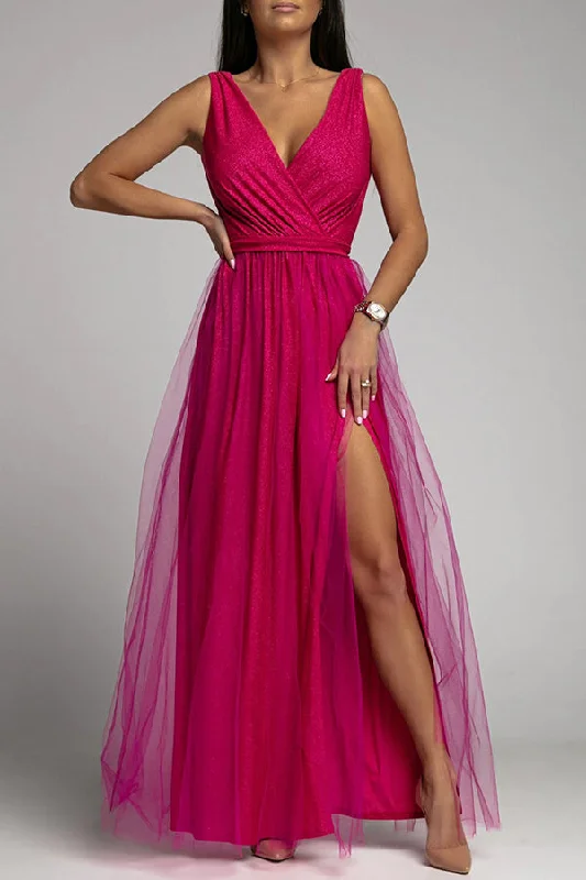 It's My Day Light Tulle Slit Maxi Dress Fashionable Sheer Maxi Dress