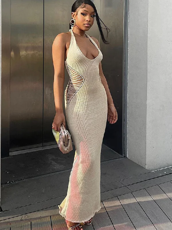 Knit Sleevesless Halter Bodycon Maxi Dresses Stylish Button-Up Maxi Dress