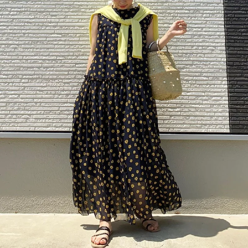 Korean Japan Style Women Floral Print Dress Summer Sleeveless Ankle-Length Maxi Dresses O Neck A-Line Chiffon Long Robe Pleated Fashionable Open-Back Maxi Dress Korean Japan Style Women Floral Print Dress Summer Sleeveless Ankle-Length Maxi Dresses O Neck A-Line Chiffon Long Robe Pleated Fashionable Open-Back Maxi Dress