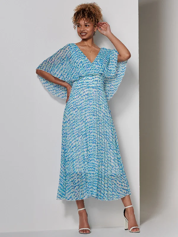 Kyra Pleated Chiffon Maxi Dress, Blue Abstract Chic Summer Floral Maxi Dress