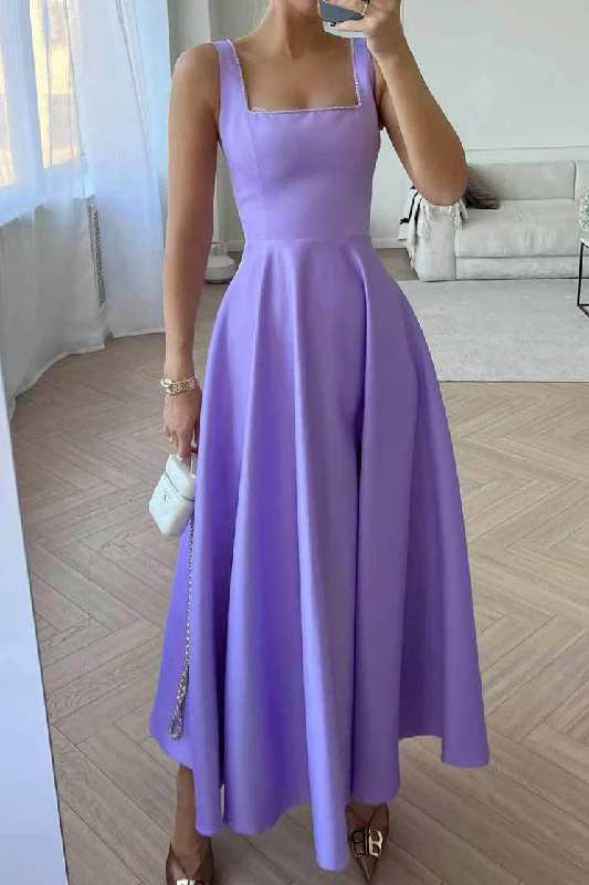 Lilac Square Neckline A-Line Prom Maxi Dress Stylish Boho Maxi Dress
