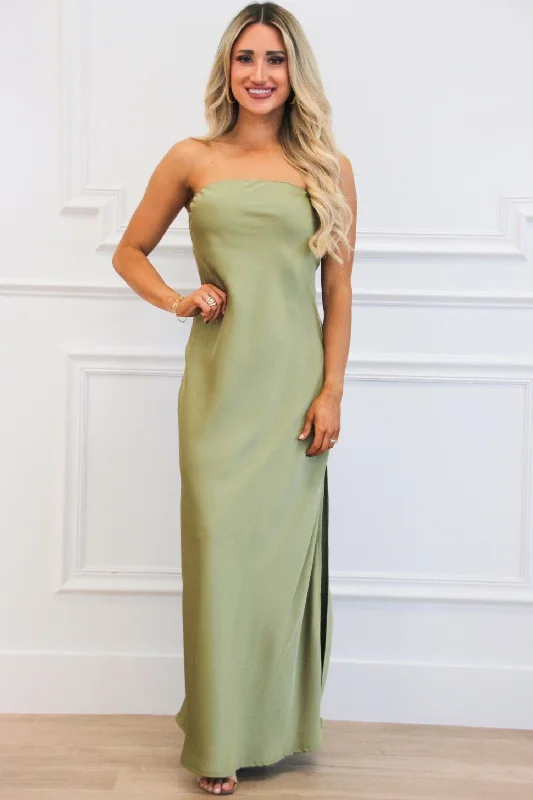 Locklin Strapless Satin Maxi Dress: SOLID Sage Fashionable Layered Maxi Dress